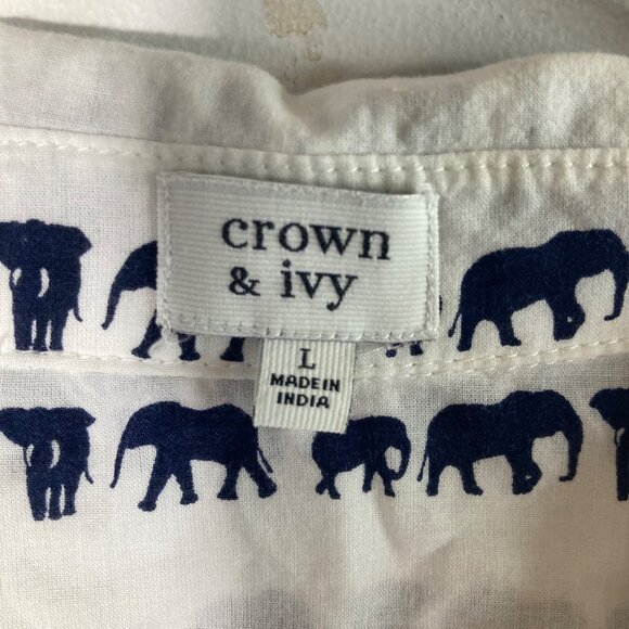 Womens Crown & Ivy Button Front Shirt Elephant Print White Black L Long Sleeve C - Picture 7 of 10